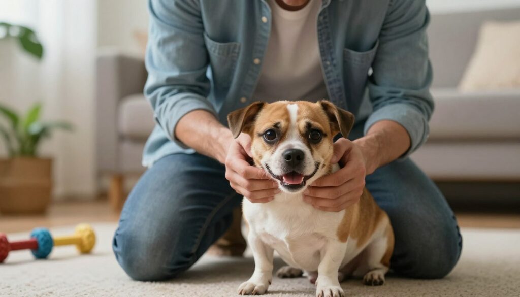 A concerned dog owner kneeling down, examining their small dog with a distressed expression. The dog shows signs of respiratory distress, with its mouth slightly open and eyes wide, conveying urgency. In the foreground, the owner is dressed in casual but tidy clothing, gently holding the dog's head in a comforting manner. The middle ground features a cozy home environment, with soft lighting casting a warm glow. A small plant and dog toys are visible, creating a relatable atmosphere. The background is slightly blurred, emphasizing the bond between the owner and the dog but still hinting at a home setting. The overall mood is one of concern and care, highlighting the symptoms of tracheal collapse in dogs. A concerned dog owner kneeling down, examining their small dog with a distressed expression. The dog shows signs of respiratory distress, with its mouth slightly open and eyes wide, conveying urgency. In the foreground, the owner is dressed in casual but tidy clothing, gently holding the dog's head in a comforting manner. The middle ground features a cozy home environment, with soft lighting casting a warm glow. A small plant and dog toys are visible, creating a relatable atmosphere. The background is slightly blurred, emphasizing the bond between the owner and the dog but still hinting at a home setting. The overall mood is one of concern and care, highlighting the symptoms of tracheal collapse in dogs.