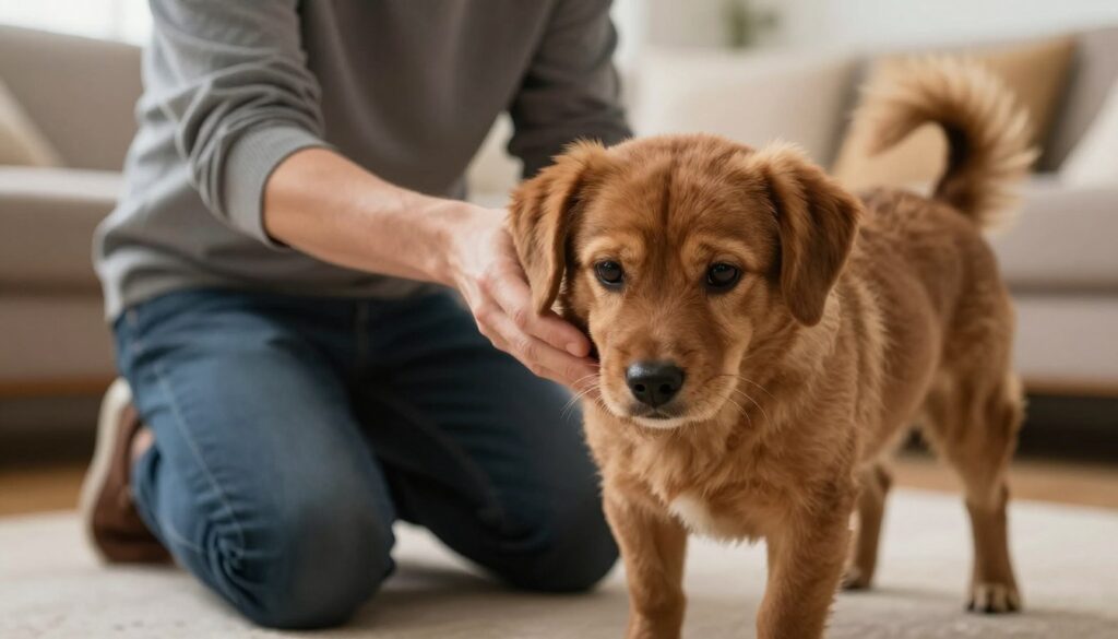 A concerned dog owner kneels beside a medium-sized, fluffy brown dog displaying subtle signs of autism-like behavior, such as excessive sniffing and repetitive pacing. The foreground focuses on the dog's expressive face, showcasing its curious yet anxious eyes. In the middle ground, the owner gently reaches out, creating a calm and supportive environment. The background features a cozy living room with soft, warm lighting, enhancing a comforting atmosphere. The overall mood should express empathy and understanding, capturing the essence of recognizing unusual behaviors in pets. Use a shallow depth of field to blur the background slightly, emphasizing the bond between the dog and owner, while maintaining a realistic and professional photographic quality.