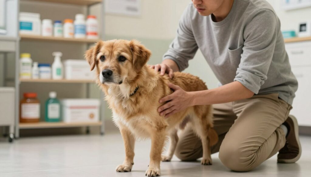 A concerned dog owner kneels beside their pet in a softly lit veterinary office, showcasing visible signs of intestinal distress in the dog. In the foreground, the owner, dressed in casual but modest clothing, gently touches the dog's side, illustrating concern and urgency. The middle ground features the distressed dog, a medium-sized breed with its fur slightly ruffled, looking visibly uncomfortable, with a tense body posture and wide eyes. In the background, blurred shelves filled with veterinary supplies create a realistic environment, while warm, diffused lighting enhances the serious mood. The scene captures the essence of concern, urgency, and the need for immediate veterinary care, encouraging empathy and awareness of severe symptoms in pets.