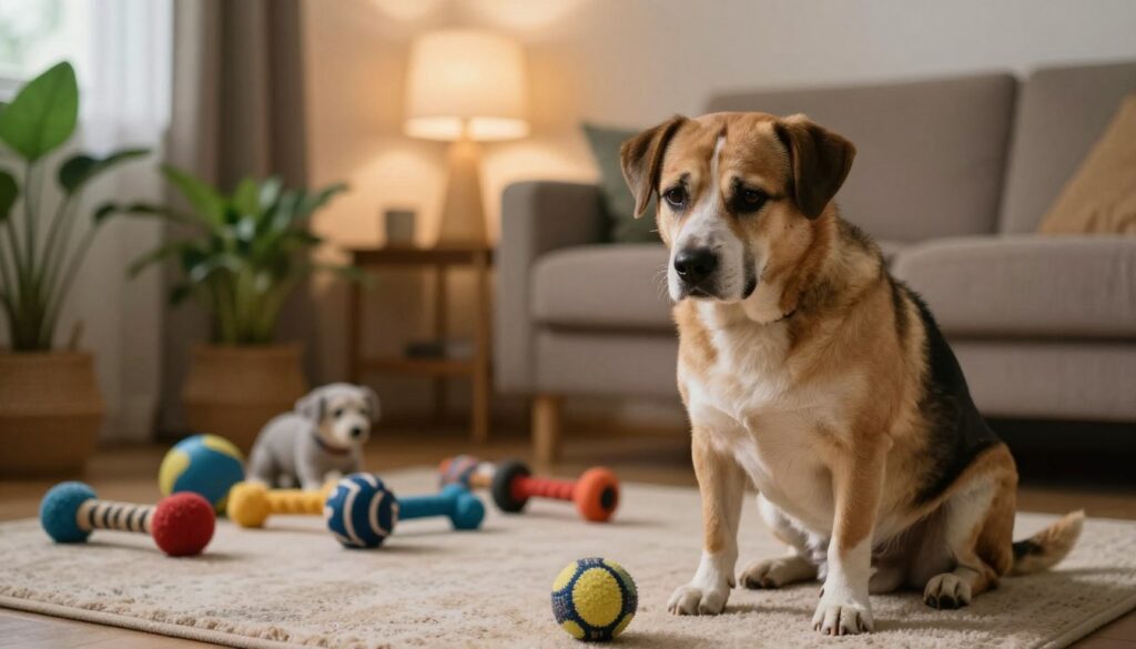 A concerned dog owner observing their dog exhibiting unusual behavior in a cozy living room setting. The foreground features a medium-sized dog with a slightly distressed expression, sitting near a ball that it ignores, indicative of its social withdrawal. In the middle ground, a diverse array of dog toys is scattered, contrasting with the dog’s lack of interest. In the background, warm, soft lighting emanates from a cozy lamp, creating a comforting atmosphere that contrasts with the dog's anxiety. The room is filled with plants and a couch, emphasizing a loving home environment. Use a soft focus effect to create a sense of introspection, capturing the complexity of canine behavior related to social withdrawal.