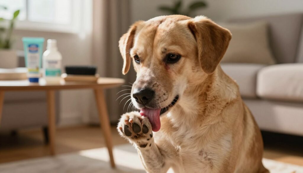 A concerned dog sitting in a cozy living room, gently licking its paws and fur, showcasing signs of skin irritation. The foreground features the dog with a close-up on its face, showing its expressive eyes and a slight fur patch being groomed. In the middle, a calming and warm atmosphere is created with soft sunlight filtering through a window, casting gentle shadows. In the background, a small table displays pet care products like soothing ointments and brushes. The overall mood is one of care and attention, emphasizing the dog's needs and well-being. The image is captured with a focus on the dog's features, using a soft lens to create a warm, inviting feel.