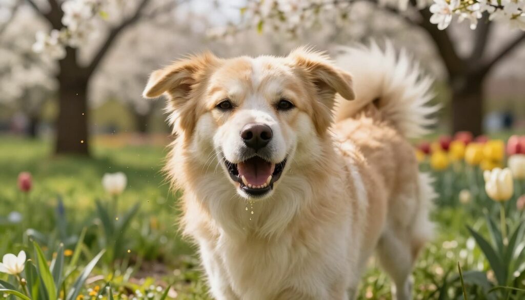 A concerned dog with a watery nose and slightly open mouth, standing in a lush green park filled with blooming flowers, symbolizing pollen. The dog's fluffy fur glistens in the warm sunlight, highlighting its vulnerable expression as it sneezes. In the foreground, include delicate pollen particles drifting through the air, creating a dynamic sense of movement. The background features soft-focus images of trees and colorful flowers, enhancing the atmosphere of springtime allergies. Use soft, natural lighting to capture the mood of concern mixed with the beauty of nature, focusing on the dog’s face and upper body from a slightly low angle to evoke empathy and connection.