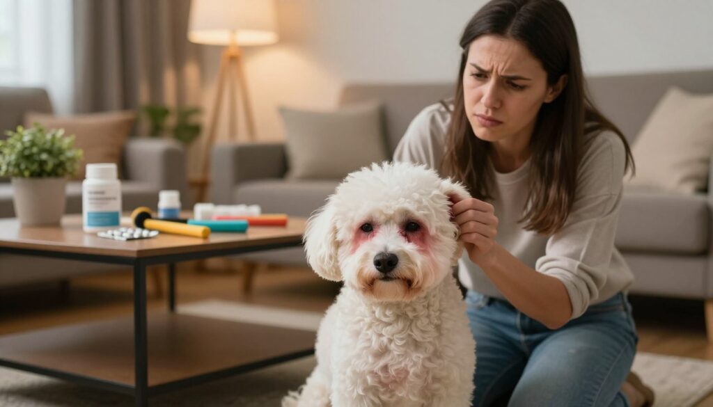 A concerned pet owner observing their dog with visible allergy symptoms in a cozy living room setting. In the foreground, the dog, a fluffy, hypoallergenic breed like a Poodle or Maltese, scratches its ear, showing signs of itching and discomfort. The owner, a woman in casual attire, kneels beside the dog, frowning with a compassionate expression. In the middle ground, a coffee table is cluttered with pet care items like allergy medications and grooming tools. The background features warm lighting, casting a soft glow over the room, with houseplants to suggest a homey atmosphere. The overall mood conveys concern and empathy, highlighting the impact of pet allergies on both animals and their owners. No captions or text are included.