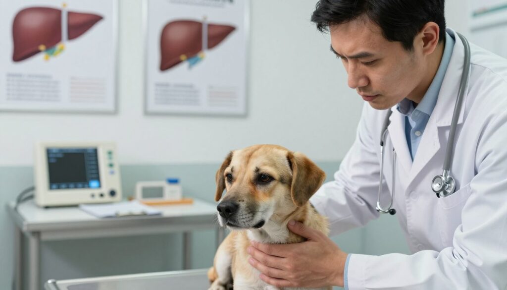 A concerned veterinarian examining a dog in a clinical setting, highlighting signs of advanced liver failure. In the foreground, the vet, dressed in a professional lab coat, is gently interacting with the dog, who looks lethargic and has a subtle jaundice in its eyes and gums. In the middle ground, medical charts and diagnostic tools are visible on a nearby table, and a stethoscope hangs around the vet’s neck. The background features an examination room with medical posters about liver health. Soft, natural lighting illuminates the scene, creating a somber yet professional atmosphere. The angle is slightly above eye-level, capturing both the vet's expression of concern and the dog's weakened state, emphasizing the seriousness of liver health issues in dogs.