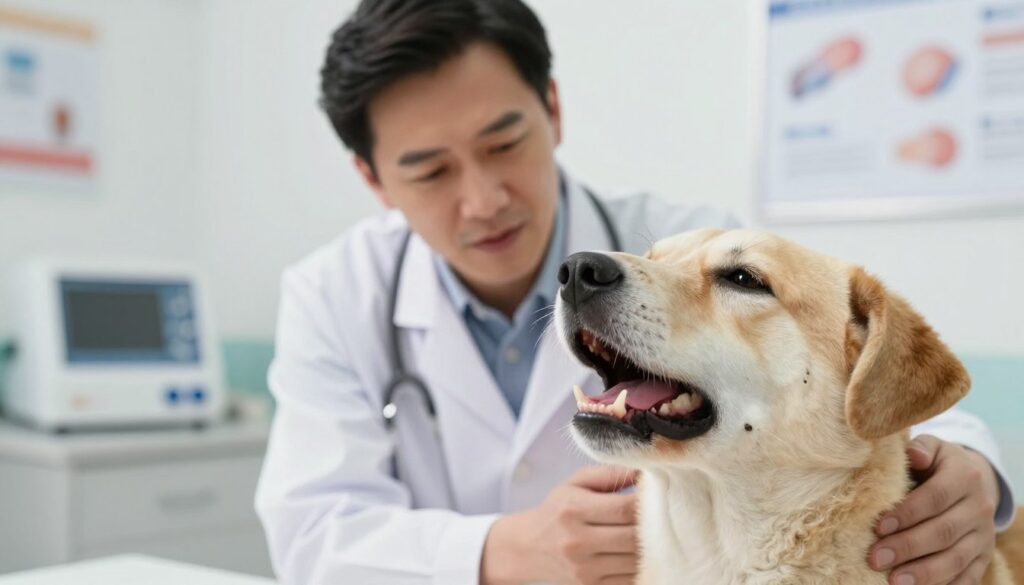 A concerned veterinarian examining a dog showing symptoms of kennel cough, with attention to the dog's throat and posture. The foreground includes a close-up of the dog's face, depicting signs of distress or discomfort, such as coughing or a slightly open mouth. The middle layer shows the veterinarian, dressed in a white coat, leaning in closely, demonstrating compassion and professionalism. The background features a bright, sterile clinic environment, with medical equipment and posters on the walls that provide context. The lighting is soft and warm, creating a caring atmosphere. The image conveys a sense of urgency and concern, emphasizing the importance of recognizing dog health issues.