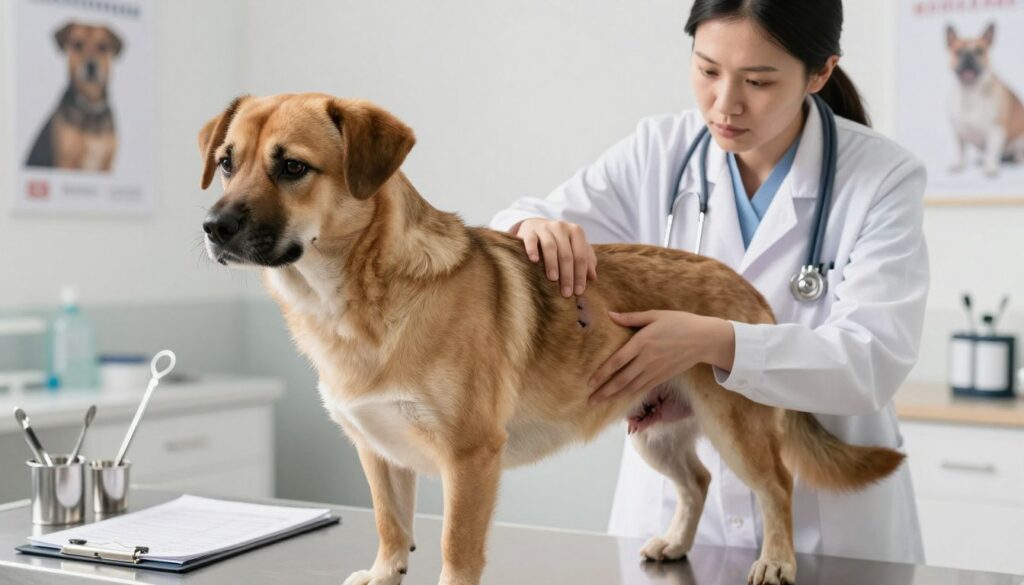 A concerned veterinarian examining a dog's mammary glands in a well-lit clinical setting. The foreground features the dog, a medium-sized breed with a worried expression, standing calmly while the vet gently inspects the areas around its nipples, highlighting the presence of possible lumps. The middle ground includes various veterinary tools and a clipboard with a checklist in the vet's hand, indicating thorough examination. Soft, natural lighting from overhead, casting subtle shadows to create depth, enhances the atmosphere of care and professionalism. In the background, a bright and clean veterinary clinic with posters about pet health reinforces the theme. The overall mood is serious yet caring, emphasizing the importance of vigilance in pet health care.