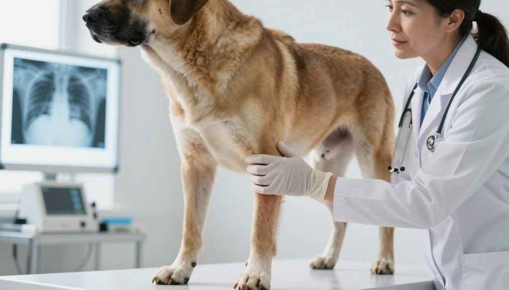 A concerned veterinarian examining a large dog with a focus on its hind leg, which shows signs of bone cancer. The dog's leg is slightly elevated, highlighting swelling and discomfort. The vet, a middle-aged woman dressed in a white coat, wears protective gloves while gently touching the affected area. The room is well-lit with a bright, clinical atmosphere, featuring medical equipment in the background, such as X-rays on a light board showing signs of bone lesions. The dog's expression is one of pain and vulnerability, evoking a sense of urgency and compassion. The angle captures the vet’s caring approach, with soft shadows to emphasize the emotional weight of the moment.