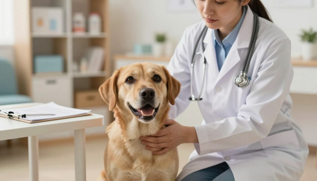 A concerned veterinarian examining a medium-sized dog showing signs of distress, representing an epileptic seizure. In the foreground, the dog's face is visible with wide eyes and a slightly open mouth, capturing its panic. The veterinarian, dressed in a white lab coat, kneels beside the dog offering comfort, highlighting a compassionate atmosphere. In the middle ground, veterinary tools and a medical chart are placed on a nearby table, symbolizing a clinical environment. The background is softly blurred but features a cozy, well-lit examination room with shelves of pet care supplies and calming colors. The lighting is warm, casting a gentle glow that emphasizes the emotional tension in the scene while maintaining a professional tone, aimed to inform and educate about potential causes of dog seizures.