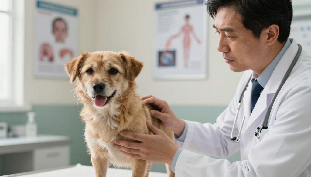 A concerned veterinarian examining a middle-aged dog, showcasing symptoms of hyperthyroidism, like weight loss and increased appetite. The foreground features the veterinarian in a white coat, gently holding the dog, with a focused, empathetic expression. In the middle, the dog appears slightly anxious, fur slightly unkempt, with visible ribs and a panting stance. The background includes a veterinary clinic setting with medical posters on the walls and a soft, warm light filtering in through a window, creating a calm atmosphere. The scene conveys urgency and care, emphasizing the importance of recognizing hormonal signals in pets. The overall mood is serious yet compassionate, capturing a vital moment in animal health.