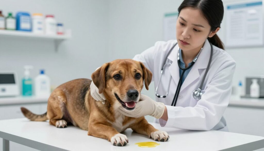 A concerned veterinarian in a modern clinic observes a medium-sized dog displaying symptoms of bile vomiting. The dog, with a glossy coat and expressive eyes, is on a clean examination table, with its owner anxiously standing nearby, showing concern. In the foreground, focus closely on the dog's mouth slightly open, with a small pool of yellow bile on the table. In the middle, the veterinarian gently examines the dog, wearing a white lab coat, gloves, and a stethoscope, with the owner petting the dog comfortingly. The background features a clean, well-lit clinic with medical supplies neatly organized. The atmosphere is serious yet caring, with soft, diffused lighting illuminating the scene, emphasizing the dog's discomfort and the veterinary attention it is receiving.