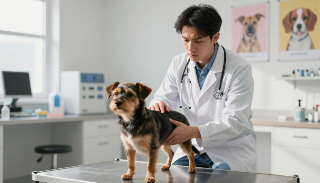 A concerned veterinarian in a modern clinic setting, kneeling beside a small, anxious dog with a shiny coat. The vet, dressed in a professional lab coat, is gently examining the dog's rear area, showing attentive care. The background reveals a clean, well-lit examination room with medical equipment and colorful pet posters. Soft, natural light filters through a window, casting gentle shadows and creating a warm and calming atmosphere. Include a subtle focus on the dog's expression, portraying a mix of discomfort and trust. The overall mood should convey urgency for professional help while emphasizing compassion and expertise in pet care.
