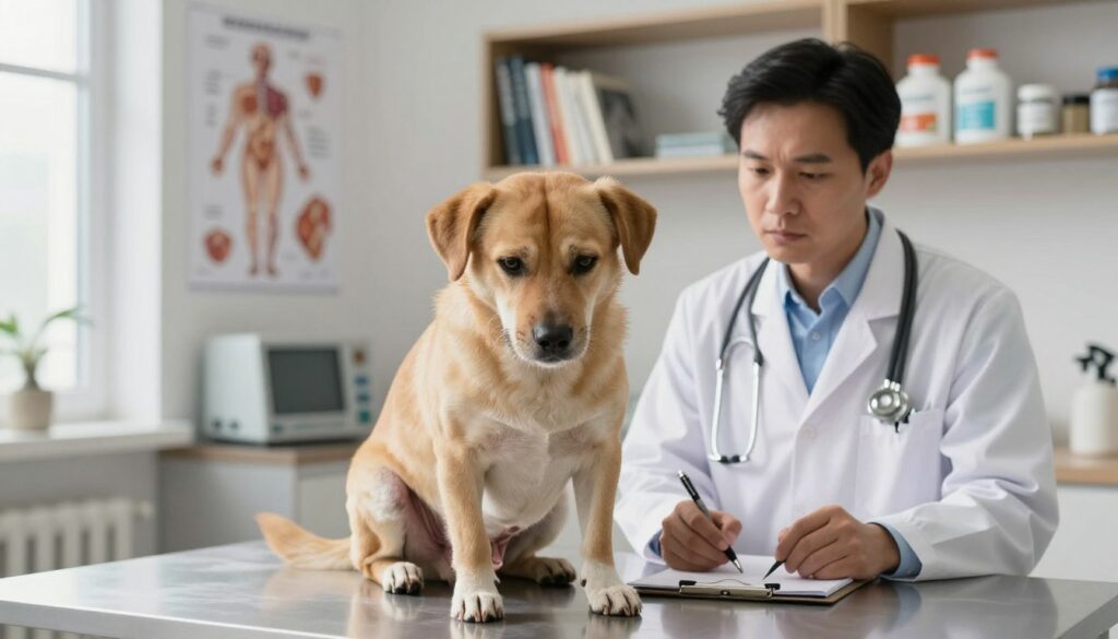 A concerned veterinarian is examining a medium-sized dog with signs of heartworm disease in a well-lit clinical setting. In the foreground, the dog displays subtle symptoms like lethargy, a mild cough, and swollen abdomen, indicative of Dirofilarioza. The veterinarian, dressed in a professional white coat, is taking notes on a clipboard, focusing intently on the animal's condition. In the middle ground, medical equipment and anatomical charts are visible, creating a clinical atmosphere. The background features shelves with veterinary books and dog care products, enhancing the scene's authenticity. Soft, natural lighting filters through a window, casting gentle shadows, evoking a sense of compassion and urgency in the examination environment.