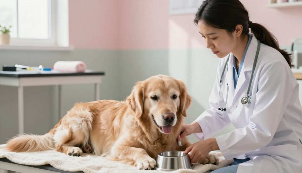 A concerned veterinarian kneels beside a gentle, aging golden retriever suffering from kidney failure, highlighting signs of thirst and lethargy. The dog appears listless, eyes slightly dull, lying on a soft, comfortable blanket in a warmly lit clinic room. In the foreground, the vet's compassionate expression conveys empathy, as she checks the dog's water bowl and monitors its urination habits. The middle ground features a detailed examination table with medical tools scattered, and a calming backdrop of soft pastel colors on the walls, creating a serene atmosphere. Soft, natural lighting flows through a nearby window, casting gentle shadows that enhance the mood of care and concern. The overall atmosphere radiates warmth and compassion, emphasizing the importance of recognizing symptoms in canine kidney issues.