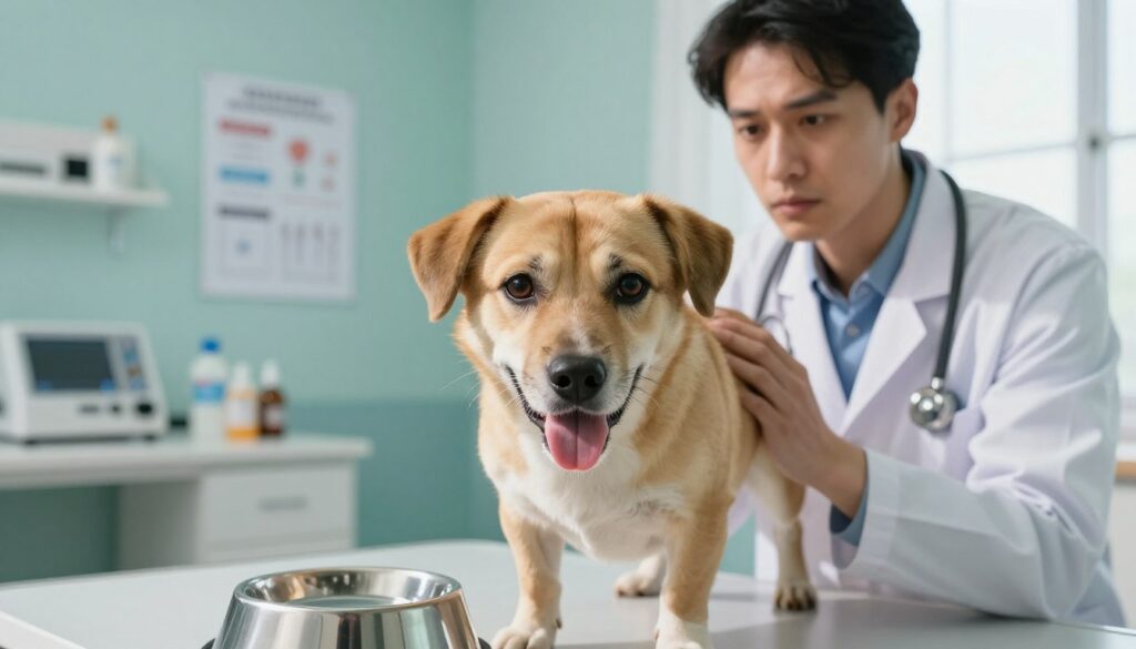 A concerned veterinarian observes a medium-sized dog in a well-lit examination room, displaying signs of excessive thirst. The foreground captures the attentiveness in the veterinarian's eyes, while the dog stands beside a water bowl, panting slightly. In the middle ground, medical equipment and charts are visible, hinting at a diagnostic discussion. The calming colors of the room create a serene atmosphere, contrasting with the dog's anxious demeanor. Natural light streams in through the window, casting soft shadows. A close-up angle focuses on the dog's expressive eyes, reflecting worry and fatigue, while the background subtly hints at pet care essentials, emphasizing the theme of health monitoring.