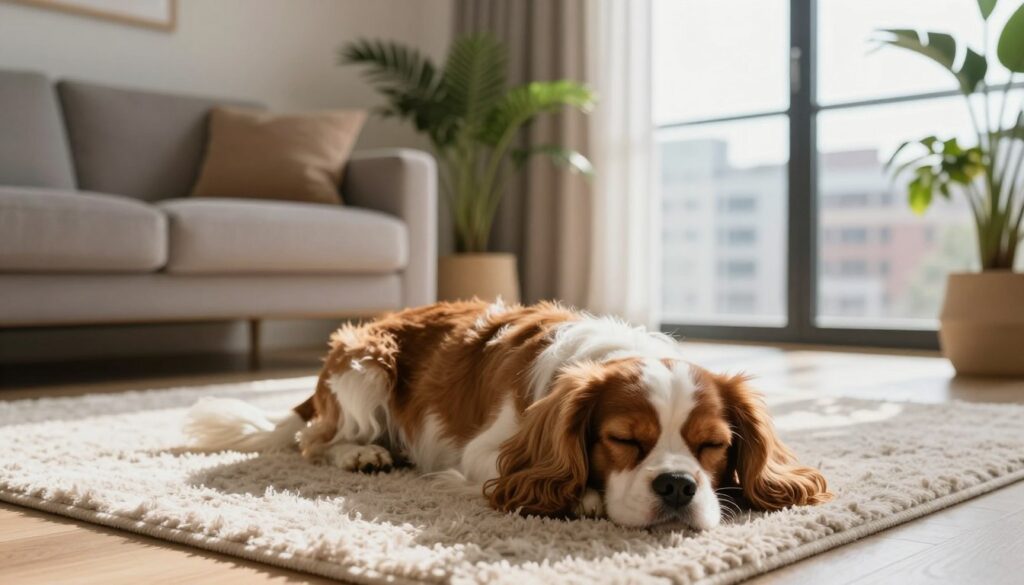 A cozy apartment interior featuring a calm dog lying peacefully on a plush rug. In the foreground, the dog, a gentle breed like a Cavalier King Charles Spaniel or a Shih Tzu, rests with its eyes closed, embodying tranquility. The middle ground displays a tastefully decorated living space with soft, muted colors, comfortable furniture, and houseplants that create a serene atmosphere. Natural light filters in through a large window, casting soft shadows and highlighting the warmth of the decor. In the background, a cityscape view can be seen, reinforcing the idea of apartment living. The mood is peaceful and inviting, emphasizing a harmonious relationship between a well-trained pet and its environment.