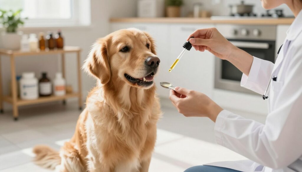 A cozy kitchen setting with a golden retriever sitting patiently on a clean tile floor, eagerly watching as a dropper filled with a golden oil is carefully administered into a measuring spoon held by a veterinarian in a white coat. In the background, shelves lined with various pet supplement bottles and a plant add to the warmth of the scene. Soft, natural light streams through a window, illuminating the dog's shiny coat. The focus is on the interaction and the oil, highlighting notions of dosage and care. The atmosphere conveys a sense of warmth, trust, and professionalism, emphasizing the importance of proper supplement administration for pet health.