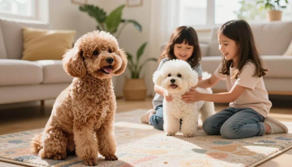 A cozy living room setting featuring a variety of dog breeds with hair instead of fur, such as Poodles and Bichon Frises, interacting playfully with children. In the foreground, a fluffy, smiling Poodle is sitting on a colorful rug, its curly hair glistening under warm, soft light. In the middle ground, a child gently pets a small Bichon Frise, showcasing its fluffy coat, while another child kneels beside them, laughing. The background is a bright and inviting space with houseplants and a sunny window, adding a cheerful atmosphere. Use a cozy lens to create a warm, inviting glow, emphasizing the joy and companionship these dogs provide. Ensure the overall mood is light, loving, and playful, capturing the essence of dogs with hair. A cozy living room setting featuring a variety of dog breeds with hair instead of fur, such as Poodles and Bichon Frises, interacting playfully with children. In the foreground, a fluffy, smiling Poodle is sitting on a colorful rug, its curly hair glistening under warm, soft light. In the middle ground, a child gently pets a small Bichon Frise, showcasing its fluffy coat, while another child kneels beside them, laughing. The background is a bright and inviting space with houseplants and a sunny window, adding a cheerful atmosphere. Use a cozy lens to create a warm, inviting glow, emphasizing the joy and companionship these dogs provide. Ensure the overall mood is light, loving, and playful, capturing the essence of dogs with hair.