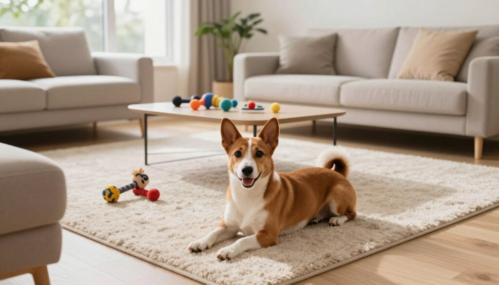 A cozy, modern living room featuring a cheerful, low-shedding dog breed, such as a Basenji or Shih Tzu, comfortably lounging on a plush rug. The foreground showcases the dog’s well-groomed, short coat and playful expression, surrounded by a clean, stylish space with minimalist furniture. In the middle of the room, a small coffee table with dog toys adds a touch of vibrancy. The background includes a large window allowing warm, natural light to fill the room, illuminating soft colors and textures of the decor. The atmosphere is inviting and tranquil, perfect for a pet-friendly home, captured from a slightly elevated angle to emphasize the spacious layout.