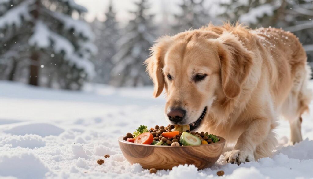 A cozy scene depicting a winter landscape where a dog is happily enjoying a nutritious meal in a wooden bowl, surrounded by snow-covered ground. In the foreground, the dog, a fluffy golden retriever, eagerly nibbles on a mix of kibble and fresh vegetables, emphasizing the importance of a balanced winter diet. The middle ground features a picturesque snowy backdrop, with pine trees and soft snowfall gently falling. The lighting is warm and inviting, casting a soft glow on the dog's fur, creating a serene atmosphere. The image is shot with a slight downward angle from above, capturing the dog’s joyful expression and the wholesome food, evoking a sense of care and well-being.