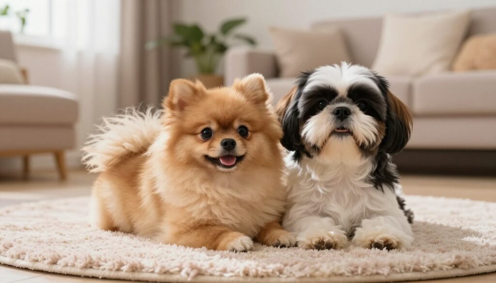 A cozy scene featuring fluffy, teddy bear-like dogs sitting playfully on a soft, pastel-colored rug. In the foreground, a Pomeranian with a thick, golden coat and bright, expressive eyes snuggles next to a Shih Tzu with a luxurious, fluffy black and white fur. In the background, a warm and inviting living room with soft lighting, gentle shadows cast from a nearby window, and subtle details like houseplants and plush cushions creates a relaxed atmosphere. The camera angle is slightly low to capture the dogs' adorable features, highlighting their charm. The overall mood is heartwarming and inviting, emphasizing the cuddly nature of these beloved dog breeds.