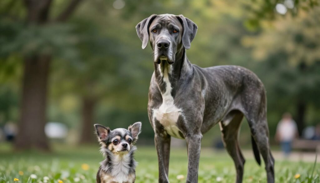 A deep focus shot of two contrasting dog breeds representing size and genetics in relation to lifespan. In the foreground, a small and elderly Chihuahua sits thoughtfully, fur slightly graying, showcasing the effects of age. Beside it in the middle, a large and majestic Great Dane stands tall and vigorous, highlighting its youthfulness. The background features a serene park with soft natural lighting filtering through green trees, creating a tranquil atmosphere. Subtle details like the reflection of sunlight on the dog’s eyes and slight breeze ruffling their fur evoke a sense of life and vitality. The composition captures the essence of pet longevity influenced by genetics and size, inviting contemplation on the connection between these factors.