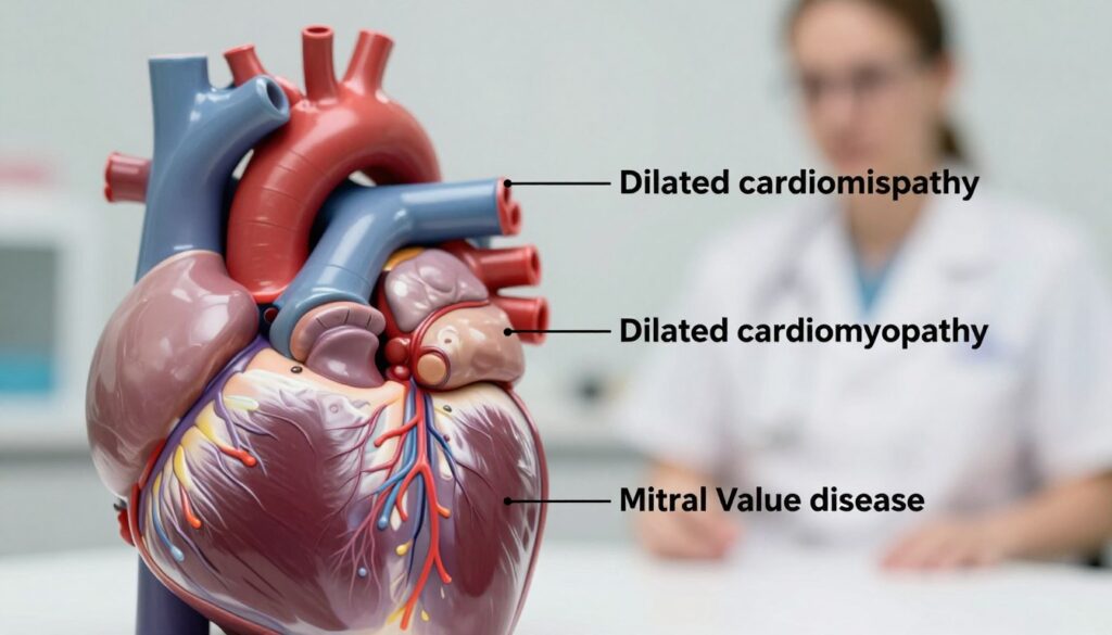 A detailed close-up of a dog's heart anatomy illustrating common causes of heart diseases in dogs, focusing on the heart's structure and adjacent organs. The foreground features a vivid, anatomically accurate representation of a dog's heart with clear chambers and arteries highlighted. In the middle ground, soft anatomical labels point to areas affected by conditions like dilated cardiomyopathy and mitral valve disease, depicted in subdued colors to maintain focus on the heart. The background is a blurred veterinary clinic setting, hinting at a medical environment through soft lighting and gentle tones. The overall mood is educational and informative, designed to convey seriousness about canine heart health while remaining visually engaging and professional.