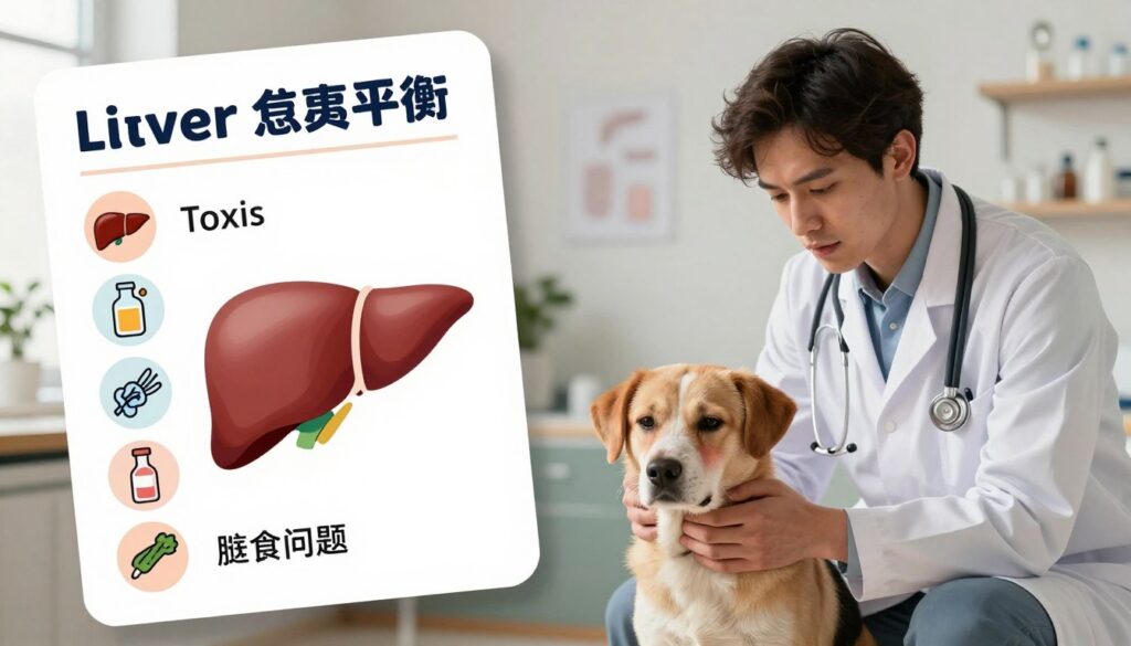 A detailed illustration capturing the main causes of liver damage in dogs. In the foreground, a concerned veterinarian examines a dog displaying signs of illness, such as jaundice and lethargy. In the middle ground, a visual list of common causes like toxins, infections, and dietary issues is represented as graphical icons or symbols. The background shows a veterinary clinic setting with soft, warm lighting to create a calm atmosphere. The scene is composed with a slight tilt-angle to emphasize the interaction between the veterinarian and the dog. The overall mood is educational and professional, designed to inform viewers about the serious health issues facing canine liver function.