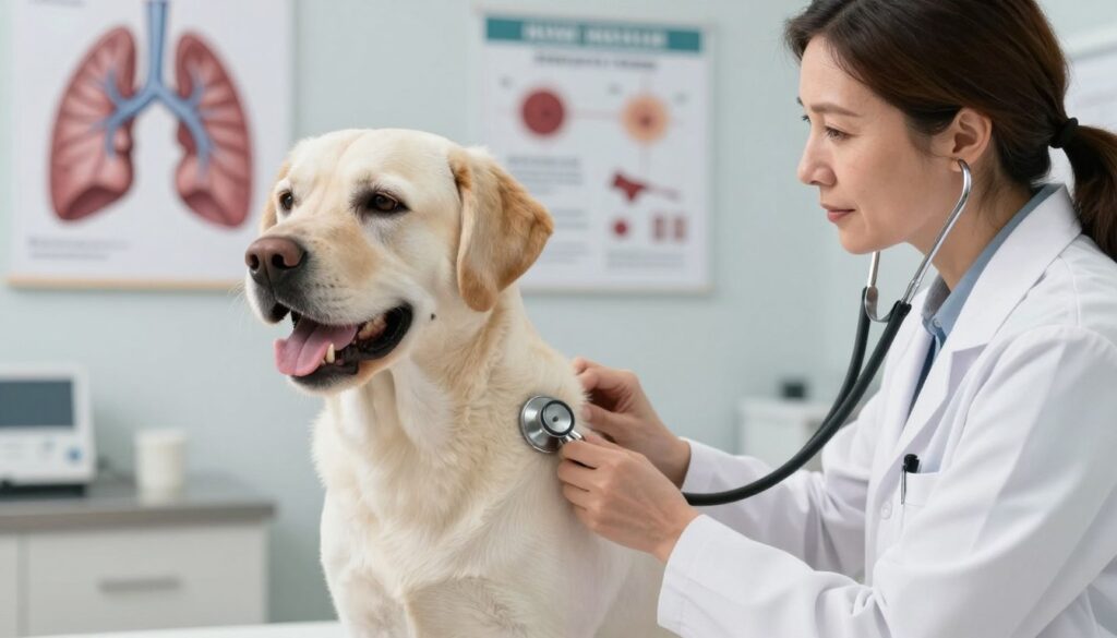 A detailed illustration of the causes of respiratory infections in dogs, focusing on a veterinarian examining a coughing dog in a clinical setting. The foreground showcases the veterinarian, a middle-aged woman in a lab coat, gently listening to the dog's lungs with a stethoscope, conveying care and professionalism. In the middle ground, the concerned dog, a Labrador Retriever, looks distressed, with an open mouth and labored breathing. The background includes a veterinary clinic setting with medical posters displaying dog respiratory systems and infection causes. Soft, diffused lighting enhances the clinical atmosphere, suggesting a serious yet compassionate mood, while a slightly blurred depth of field draws attention to the interaction between the vet and the dog. A detailed illustration of the causes of respiratory infections in dogs, focusing on a veterinarian examining a coughing dog in a clinical setting. The foreground showcases the veterinarian, a middle-aged woman in a lab coat, gently listening to the dog's lungs with a stethoscope, conveying care and professionalism. In the middle ground, the concerned dog, a Labrador Retriever, looks distressed, with an open mouth and labored breathing. The background includes a veterinary clinic setting with medical posters displaying dog respiratory systems and infection causes. Soft, diffused lighting enhances the clinical atmosphere, suggesting a serious yet compassionate mood, while a slightly blurred depth of field draws attention to the interaction between the vet and the dog.