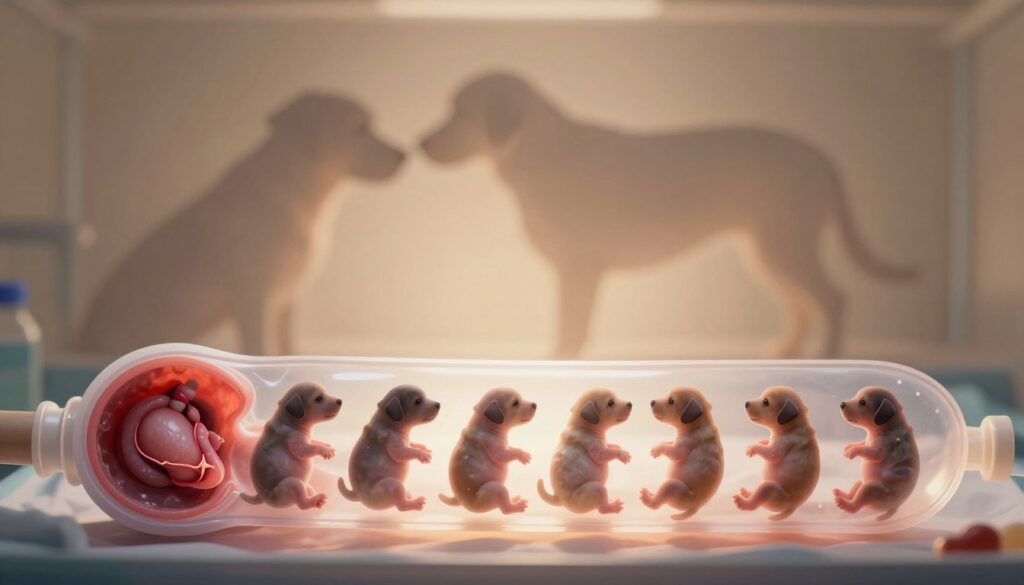 A detailed illustration of the development of puppies in a dog's uterus, showcasing different stages of growth over a timeline. In the foreground, display a transparent view of the uterus, highlighting several puppy embryos at various stages, with visible heartbeats and developing features. The middle ground should show a soft, medical-style background with gentle lighting that emphasizes the glow of life within. In the background, faint silhouettes of a nurturing dog mother can be seen, softly illuminated to create a warm, nurturing atmosphere. The image should convey a sense of tranquility and hope, with a focus on the miracle of life, captured in a clear and scientific manner. Use a soft focus lens with natural lighting to enhance the gentle mood of the composition.