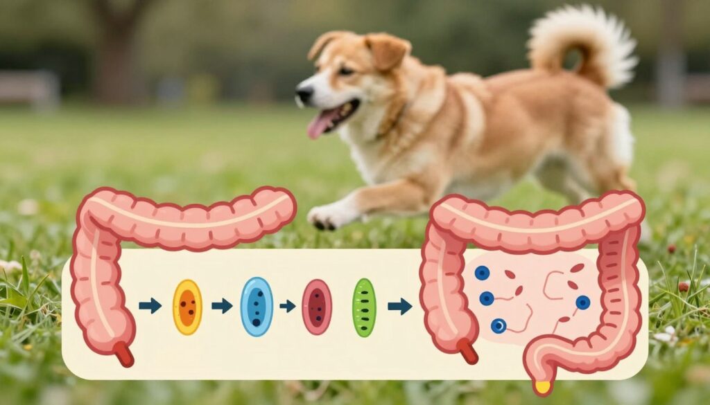 A detailed illustration of the infection mechanisms of coccidia in dogs, featuring a split view. In the foreground, show a stylized diagram of a dog’s intestines, highlighting the life cycle stages of the parasites, including sporulated oocysts and trophozoites, with bright colors for clarity. In the middle ground, depict infographics illustrating how dogs become infected, using arrows and icons for each stage of transmission. In the background, a blurred, natural setting with a healthy dog playing in a grassy park, conveying a sense of normalcy contrast to the detailed subject. Soft, natural lighting illuminates the foreground, presenting a scientific yet approachable atmosphere. Use a macro lens effect to focus on the details of the infection cycle.
