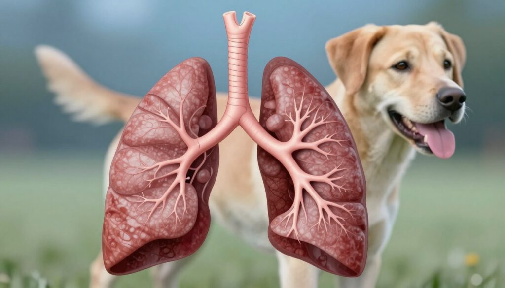 A detailed illustration of the respiratory system, focusing on the anatomy of a dog’s lungs and airways. In the foreground, display a clear, labeled diagram of the dog's respiratory tract, showing the trachea, bronchi, and lungs, with an emphasis on healthy tissues. In the middle ground, incorporate a soft, blurred overlay of a dog breathing, conveying vitality and health. The background should be a subtle, gradient blend of soothing blue and green hues, evoking a sense of calm and well-being. Dramatic lighting highlights the respiratory structures, creating a clear contrast that emphasizes their importance. Use a focused lens to capture intricate details while maintaining a professional atmosphere, suitable for an educational article on canine health.