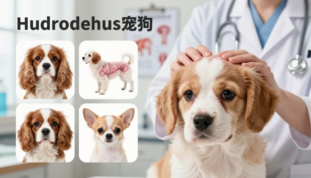 A detailed illustration of the types and causes of hydrocephalus in dogs, featuring a gentle, concerned veterinarian examining a puppy with noticeable swelling in its head, representing one of the primary symptoms. In the foreground, the puppy should have soft, expressive eyes that convey vulnerability. The middle ground should incorporate reference images of different dog breeds affected by hydrocephalus, such as the Cavalier King Charles Spaniel and Chihuahua. The background can display a well-lit veterinary clinic environment, with medical charts and anatomical diagrams related to canine neurological health. The atmosphere should be nurturing and informative, emphasizing care and understanding. Use soft, natural lighting to create a calming effect. Focus on clarity and detail to aid in educational purposes.