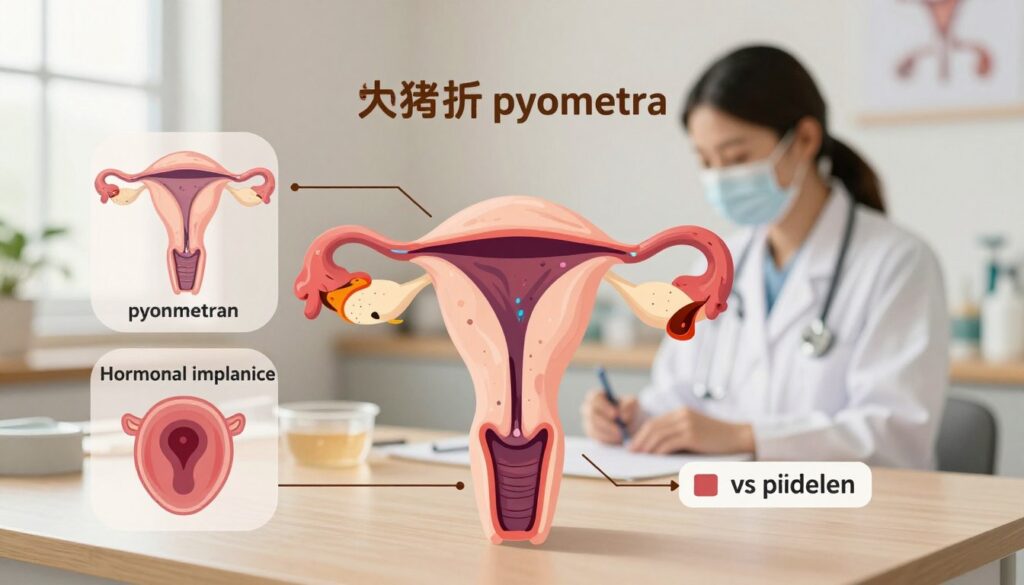 A detailed medical illustration of a dog's uterus, showcasing the causes of pyometra in an unspayed female dog. In the foreground, a cross-sectional view of the uterus, highlighting inflammation, and abnormal tissue, with color-coded indicators for healthy vs. diseased areas. The middle ground features anatomical labels and illustrations of contributing factors like hormonal imbalance and reproductive infections. In the background, a soft-focus veterinary clinic setting, suggesting a professional and clinical atmosphere. Warm, natural lighting creates a welcoming mood, emphasizing education and awareness. The image should maintain a clean and informative aesthetic, without any text or labels, aimed at educating pet owners about canine health issues.