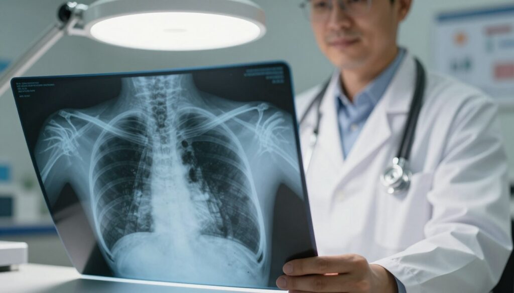 A detailed medical image of a canine thoracic X-ray, clearly showcasing the chest cavity of a dog with potential signs of lung cancer. The foreground features the X-ray film, displaying the dog's rib cage, heart, and lungs with distinctive markings indicating abnormalities, such as dark shadows or masses. In the middle, a veterinarian in a white lab coat is thoughtfully examining the X-ray on a lightbox, with a stethoscope subtly draped around their neck. The background is softly blurred, featuring a veterinary clinic ambiance with medical equipment and charts. Natural lighting illuminates the scene, casting gentle shadows, while a slightly angled view enhances the depth of the composition. The mood is clinical yet hopeful, reflecting the seriousness of diagnostic imaging in veterinary medicine. A detailed medical image of a canine thoracic X-ray, clearly showcasing the chest cavity of a dog with potential signs of lung cancer. The foreground features the X-ray film, displaying the dog's rib cage, heart, and lungs with distinctive markings indicating abnormalities, such as dark shadows or masses. In the middle, a veterinarian in a white lab coat is thoughtfully examining the X-ray on a lightbox, with a stethoscope subtly draped around their neck. The background is softly blurred, featuring a veterinary clinic ambiance with medical equipment and charts. Natural lighting illuminates the scene, casting gentle shadows, while a slightly angled view enhances the depth of the composition. The mood is clinical yet hopeful, reflecting the seriousness of diagnostic imaging in veterinary medicine.