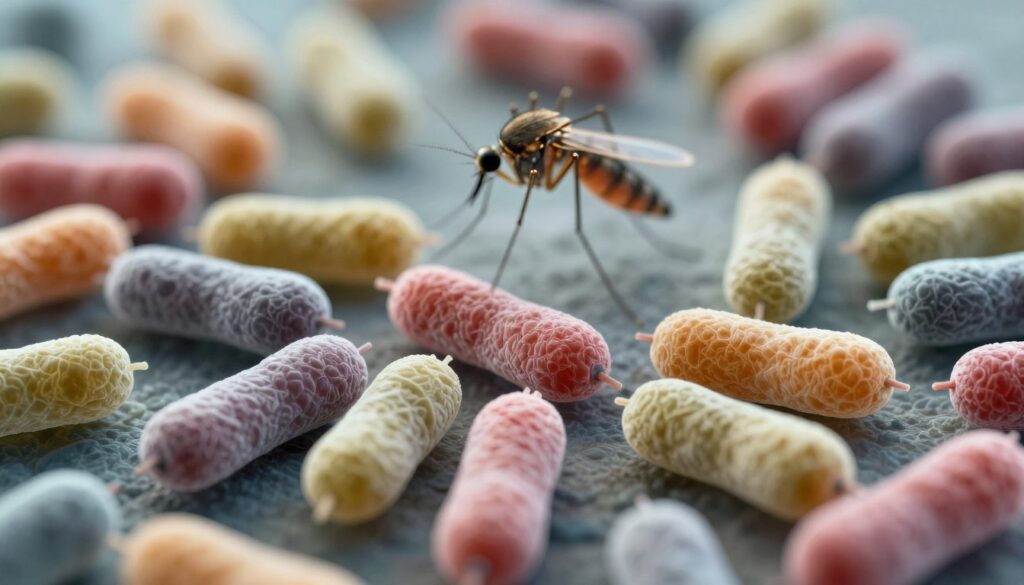 A detailed microscopic view of Wolbachia nicieni bacteria, depicted as small, rod-shaped organisms with intricate textures and patterns. The foreground features these bacteria in a vibrant array of colors, highlighting their distinctive morphology. In the middle ground, a blurred representation of a mosquito, symbolizing the transmission vector, can be seen, contrasting with the lively bacteria. The background is softly out of focus, suggesting a biological environment, possibly within a host organism. The lighting is bright and clinical, emphasizing the details of the bacteria, with a slight magnification effect to enhance their structures. The overall atmosphere is scientific and informative, capturing the significance of Wolbachia in the context of parasitic diseases.