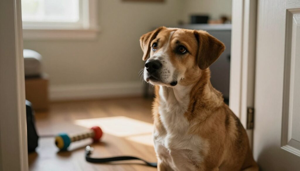 A distressed dog sitting by the front door, exhibiting signs of separation anxiety. The foreground features the dog, a medium-sized brown and white mixed breed, with wide, expressive eyes and a slightly tilted head, looking anxiously towards the door. In the middle ground, a few personal items scattered on the floor, including a dog toy and a leash, hinting at the owner's recent departure. The background shows a soft-lit room with warm lighting, creating a cozy yet melancholic atmosphere. A window allows gentle sunlight to stream in, casting soft shadows. The overall mood captures the feelings of worry and longing in the dog's expression, embodying the effects of separation anxiety.