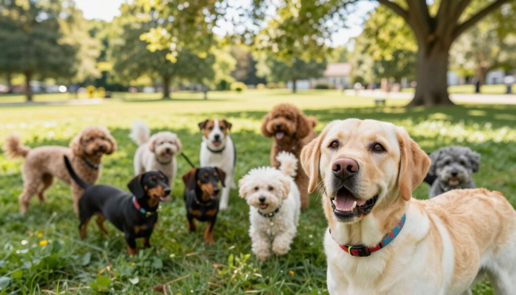 A diverse group of dogs, showcasing various breeds known for their predispositions to diabetes, such as Labrador Retrievers, Dachshunds, and Poodles, gathered in a lush outdoor setting. The foreground features a close-up of a Labrador, its expression inquisitive and alert, with a colorful collar. In the middle, a mix of breeds is playing together in the grass, highlighting their unique characteristics. The background shows a bright, sunny park with gentle trees swaying in the breeze, creating a cheerful ambiance. Soft, natural lighting enhances the vivid colors of the dogs' fur and the greenery around them. The camera angle is slightly elevated, capturing the lively interaction among the dogs, evoking a sense of warmth and kinship among them. A diverse group of dogs, showcasing various breeds known for their predispositions to diabetes, such as Labrador Retrievers, Dachshunds, and Poodles, gathered in a lush outdoor setting. The foreground features a close-up of a Labrador, its expression inquisitive and alert, with a colorful collar. In the middle, a mix of breeds is playing together in the grass, highlighting their unique characteristics. The background shows a bright, sunny park with gentle trees swaying in the breeze, creating a cheerful ambiance. Soft, natural lighting enhances the vivid colors of the dogs' fur and the greenery around them. The camera angle is slightly elevated, capturing the lively interaction among the dogs, evoking a sense of warmth and kinship among them.