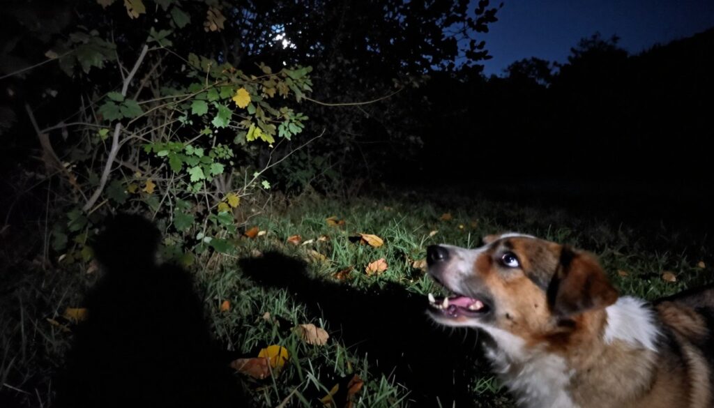 A dog's perspective in a dimly lit environment, focusing on the subtle nuances of color and movement. In the foreground, a playful dog with bright eyes is engaged in a slight blur,barking at a shadowy, flickering movement. The middle ground features faint outlines of grass and a few scattered leaves, illuminated by soft, ambient moonlight filtering through nocturnal foliage. The background consists of dark trees and shrubs, creating a sense of depth and mystery, with a starry night sky just visible. The lighting is low and atmospheric, evoking a tranquil yet alert mood, emphasizing the dog's heightened sense of awareness in low light. Capture this scene with a slightly low-angle perspective, allowing a glimpse of the dog's world as it perceives movement.