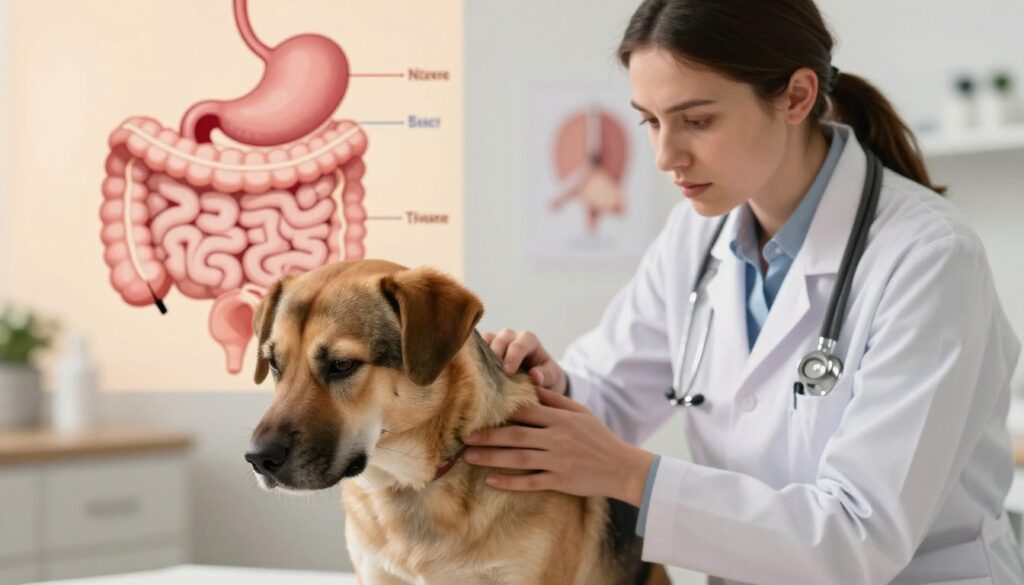 A focused illustration depicting early warning signs of a dog's digestive system issues. In the foreground, a concerned veterinarian gently examines a medium-sized dog, showing signs of lethargy and discomfort. The dog's posture is slightly hunched, with a focused expression, conveying distress. In the middle ground, a detailed anatomical diagram of the canine digestive system can be observed, highlighting areas like the stomach and intestines, possibly with arrows or indicators showing potential problem areas. The background features a softly lit veterinary clinic setting, with warm tones to create a comforting atmosphere. The mood should evoke a sense of urgency yet professionalism, emphasizing the importance of recognizing these digestive symptoms.