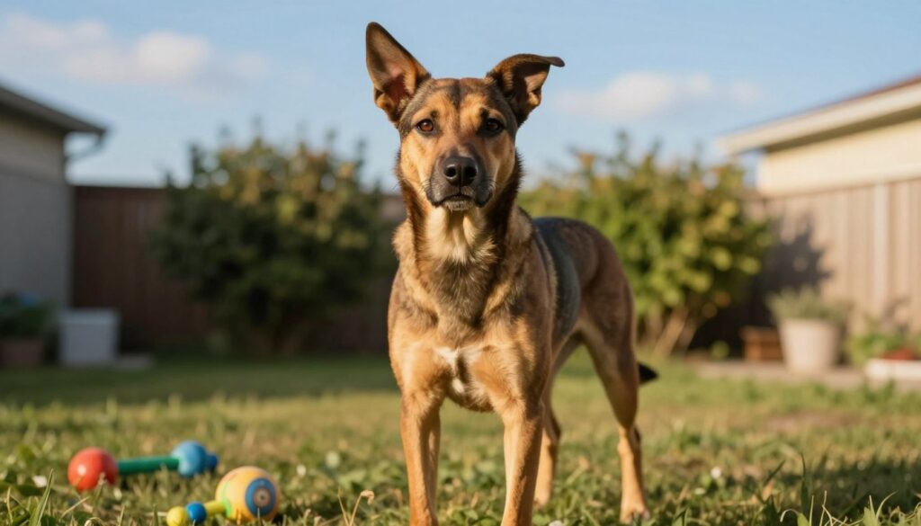 A focused image of a dog displaying the characteristic posture of "suka z wyprostowanymi łapami," standing with its front legs straight and alert. The dog, a medium-sized breed with a shiny coat, is set in a suburban backyard environment, surrounded by soft grass and a few scattered toys. In the foreground, the dog's face is expressive and attentive, showcasing its ears perked up and a slight tilt of the head, conveying curiosity and alertness. The middle ground features blurred green bushes, enhancing depth, while the background showcases a bright blue sky with wisps of clouds, creating a cheerful atmosphere. The lighting is warm, indicating late afternoon, giving the scene a cozy and lively vibe, captured with a shallow depth of field to emphasize the dog's posture.