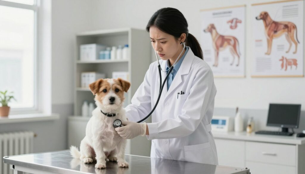 A focused veterinary doctor in a clean, well-lit examination room, standing beside a small dog on a veterinary table. The veterinarian, wearing a white lab coat and protective gloves, is gently examining the dog's chest with a stethoscope, showing concern and professionalism. In the background, shelves filled with medical supplies and posters of animal anatomy can be seen, creating a clinical atmosphere. Soft, natural light filters in from a window, emphasizing the doctor’s approachable demeanor. The dog appears calm but slightly anxious, highlighting the bond between them. This scene captures the vital role of the veterinarian in diagnosing canine respiratory issues, evoking a sense of trust and care.