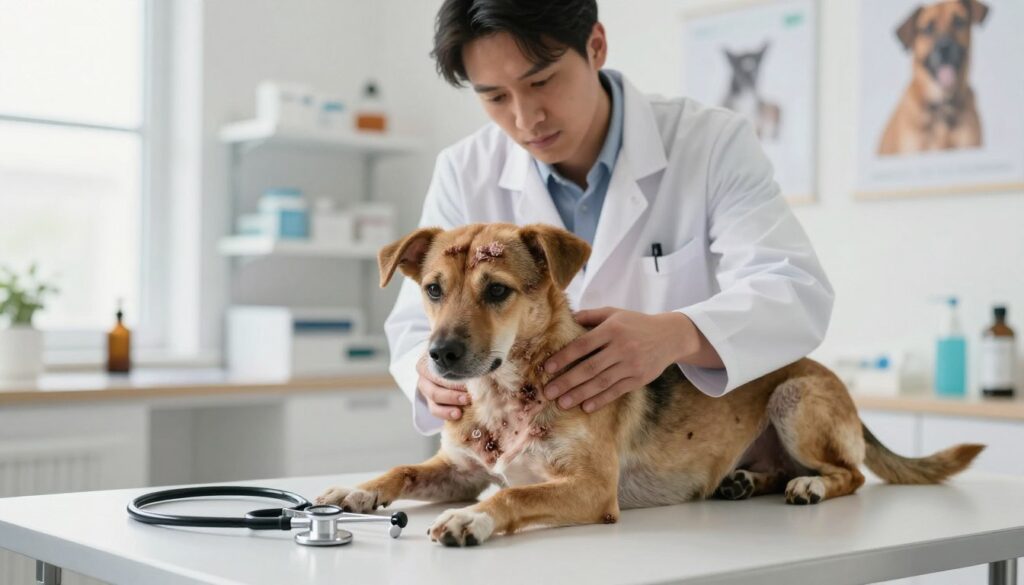 A focused veterinary examination scene in a well-lit clinic, showcasing a veterinarian in a professional white coat inspecting a dog suspected of having mange. The dog, medium-sized with noticeable skin lesions and scabs, is lying on an examination table, clearly displaying signs of discomfort. In the foreground, a stethoscope and veterinary tools are slightly blurred, emphasizing the examination process. The background features shelves lined with medical supplies and a wall with animal posters, creating a clinical atmosphere. Soft, natural light from a window illuminates the scene, enhancing the serious tone of this diagnostic examination. The overall mood conveys urgency and care as the vet analyzes the dog's condition for parasite diagnosis.