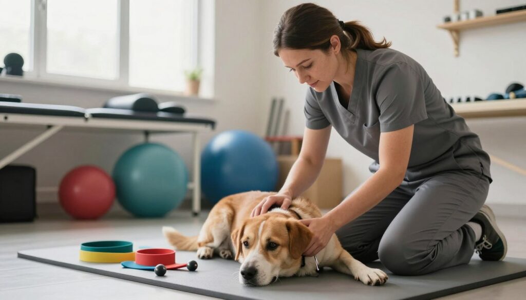 A focused veterinary rehabilitation setting featuring a mid-sized dog undergoing therapy for a torn cruciate ligament. In the foreground, a compassionate therapist in a professional, modest outfit gently assists the dog, which is lying on a soft mat, while using a range of therapeutic tools. The middle ground showcases a well-equipped therapy room with various rehabilitation equipment, such as exercise balls and stretch bands, giving an impression of a professional environment. The background includes soft, natural lighting filtering through windows, creating a warm and encouraging atmosphere. The overall mood is one of hope and healing, emphasizing the importance of rehabilitation in the recovery process. The camera angle is slightly elevated, capturing both the therapist and the dog in action, while ensuring a holistic view of the therapy space.
