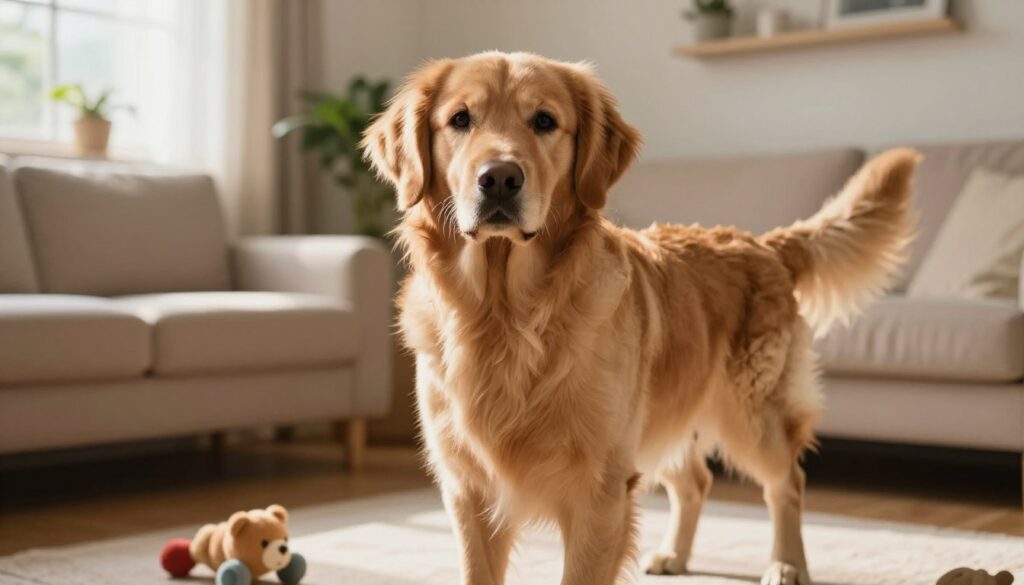 A golden retriever exhibiting symptoms of Cushing's disease, prominently showing a rounder abdomen and thinning coat, stands in a cozy home environment. In the foreground, the dog gazes curiously toward the viewer, surrounded by a few toys emphasizing its playful nature. The middle ground features a warm, softly lit living room with a comfortable sofa and a few houseplants adding life to the setting. The background reveals a gentle, sunlit window, casting soft rays throughout the room, creating a serene and inviting atmosphere. The overall mood is one of warmth and care, highlighting the bond between the dog and its owner while reflecting the significance of understanding the condition. The image should capture a moment of connection, emphasizing the health and well-being of the pet.