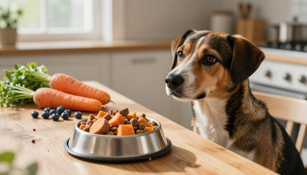 A healthy dog sitting at a wooden table, eagerly looking at a bowl filled with nutritious dog food, incorporating ingredients known for stabilizing glucose levels, such as sweet potatoes and lean proteins. The foreground features the dog with a shiny coat and bright eyes, depicting a sense of vitality. In the middle background, a subtle arrangement of fresh fruits and vegetables related to canine diets, such as carrots and blueberries, harmonizes the composition. Soft, natural lighting filters through a nearby window, casting gentle shadows and creating a warm, inviting atmosphere. The setting is a cozy kitchen, emphasizing a homey feel, perfect for a discussion on dietary care for dogs susceptible to hypoglycemia.