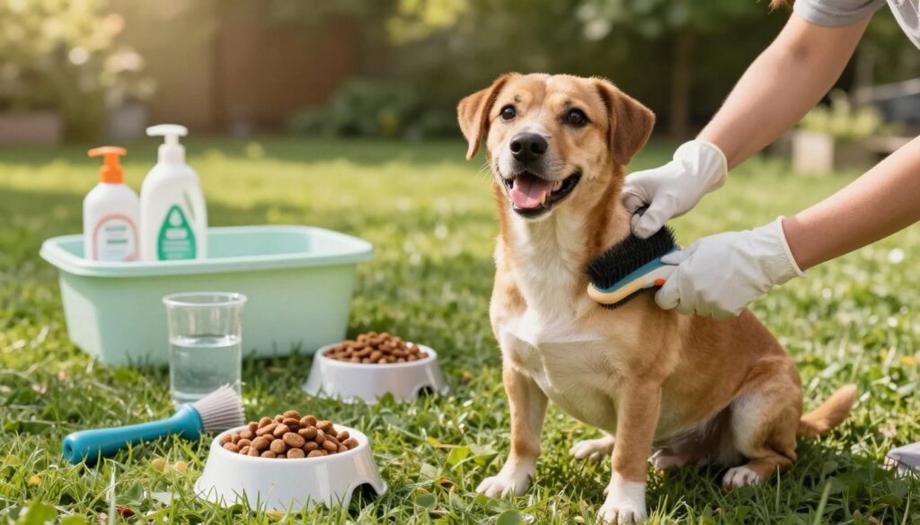 A healthy, happy dog of medium size sitting on a vibrant green lawn, surrounded by bowls of pet food, fresh water, and grooming tools, symbolizing proper care and hygiene. In the foreground, the dog's shiny coat and bright eyes convey vitality and well-being. In the middle, a pair of hands, gloved and holding a brush, gently groom the dog, emphasizing the importance of regular maintenance for a pet's health. In the background, a clean and organized outdoor setup, including a pet-friendly cleaning area with eco-friendly products, radiates a calm atmosphere. Soft, warm sunlight filters through the trees, creating a cheerful and inviting mood, capturing the essence of preventative care and hygiene for pets. The angle should be slightly elevated to showcase the interaction between the dog and the owner.