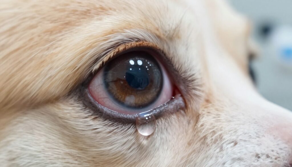 A highly detailed and realistic depiction of a crystal-clear droplet of aqueous fluid, teetering on the edge of a delicate surface within the eye of a dog. The foreground showcases the droplet glistening with reflections of light, emphasizing its purity. In the middle ground, the structure of the dog's eye is visible, highlighting intricate details like the iris, cornea, and blood vessels. The background fades into a soft focus, suggesting a clinical environment with subtle hints of medical equipment, enhancing the atmosphere of urgency and concern. Soft, diffused lighting accentuates the refractive properties of the fluid, creating a serene yet serious mood, suitable for enlightening the viewer about the mechanisms of ocular disease. The angle is a close-up view, emphasizing the droplet as a focal point in understanding eye health issues in dogs. A highly detailed and realistic depiction of a crystal-clear droplet of aqueous fluid, teetering on the edge of a delicate surface within the eye of a dog. The foreground showcases the droplet glistening with reflections of light, emphasizing its purity. In the middle ground, the structure of the dog's eye is visible, highlighting intricate details like the iris, cornea, and blood vessels. The background fades into a soft focus, suggesting a clinical environment with subtle hints of medical equipment, enhancing the atmosphere of urgency and concern. Soft, diffused lighting accentuates the refractive properties of the fluid, creating a serene yet serious mood, suitable for enlightening the viewer about the mechanisms of ocular disease. The angle is a close-up view, emphasizing the droplet as a focal point in understanding eye health issues in dogs.