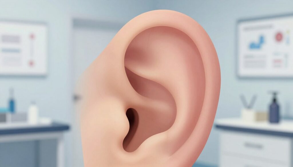 A highly detailed illustration of an external ear, focusing primarily on the ear canal anatomy. In the foreground, depict a close-up of the ear canal, emphasizing its curved structure and delicate skin texture, with soft, diffused lighting highlighting the contours. The middle ground should feature a subtle blurred backdrop of a veterinary examination room, with medical tools and charts faintly visible. The setting should evoke a calm yet professional atmosphere, suggesting a thorough examination. Use a macro lens perspective to vividly capture the intricate details of the ear canal, creating a sense of urgency and care that reflects the importance of proper ear health without overstepping boundaries. Aim for a clinically informative yet soothing color palette, primarily soft whites and blues.