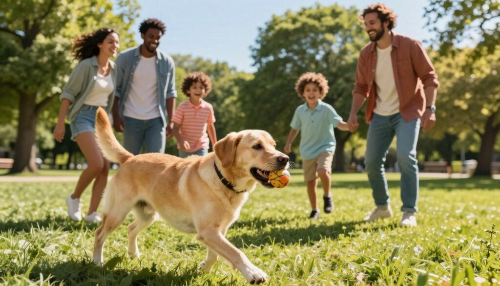 A lively scene of a medium-sized dog, such as a Labrador or Beagle, playing fetch in a sunny park with an active family. The foreground features the friendly dog, its fur glistening in the warm sunlight, with a ball in its mouth, showcasing its playful demeanor. In the middle, a diverse family of four—two parents and two children—are laughing and engaging with the dog, all dressed in casual, colorful outdoor clothing. The background includes lush green trees and a clear blue sky, enhancing the vibrant atmosphere. Soft, warm lighting casts gentle shadows, creating an inviting and joyful mood that emphasizes family bonding and the energetic spirit of the dog.