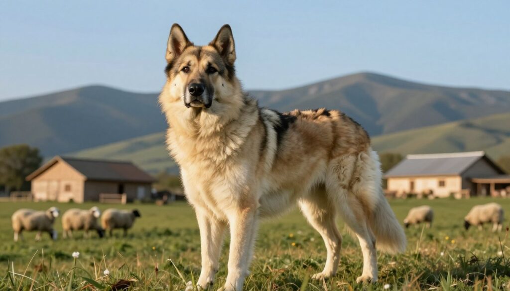 A majestic Anatolian Shepherd dog stands confidently in the foreground, showcasing its powerful build and thick, weather-resistant coat. The dog's fur is a stunning mix of cream and tan, with distinctive dark patches around its eyes and ears. Its intelligent, watchful expression reflects its role as a guardian. In the middle ground, a lush, rolling countryside landscape unfolds, dotted with grazing sheep and a rustic farmhouse. The background features distant mountains under a clear blue sky, with soft, golden sunlight illuminating the scene. The composition captures a sense of strength and independence, with a hint of serenity in the environment. The overall mood is one of loyalty and vigilance, perfect for showcasing this noble breed as a steadfast protector.